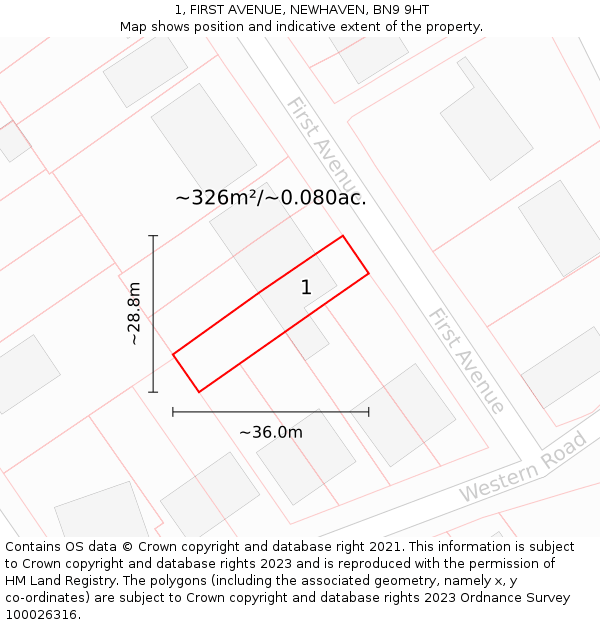 1, FIRST AVENUE, NEWHAVEN, BN9 9HT: Plot and title map