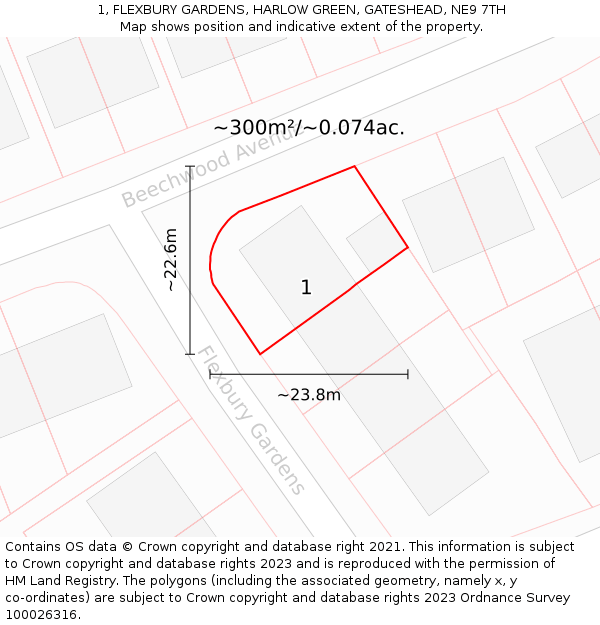 1, FLEXBURY GARDENS, HARLOW GREEN, GATESHEAD, NE9 7TH: Plot and title map