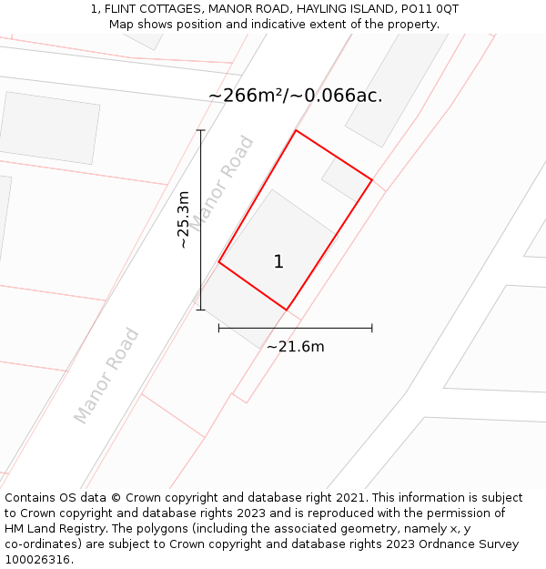 1, FLINT COTTAGES, MANOR ROAD, HAYLING ISLAND, PO11 0QT: Plot and title map