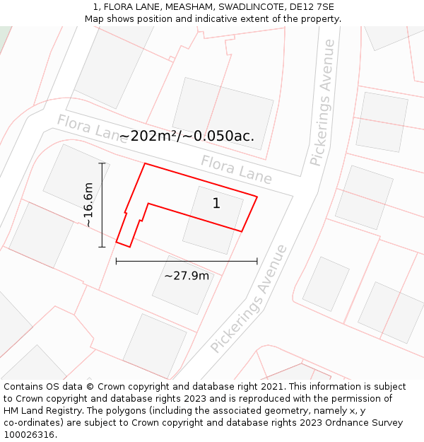 1, FLORA LANE, MEASHAM, SWADLINCOTE, DE12 7SE: Plot and title map