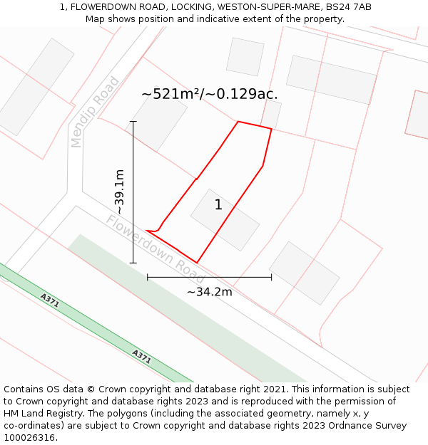 1, FLOWERDOWN ROAD, LOCKING, WESTON-SUPER-MARE, BS24 7AB: Plot and title map