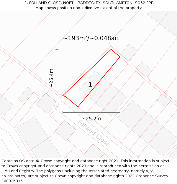 1, FOLLAND CLOSE, NORTH BADDESLEY, SOUTHAMPTON, SO52 9PB: Plot and title map