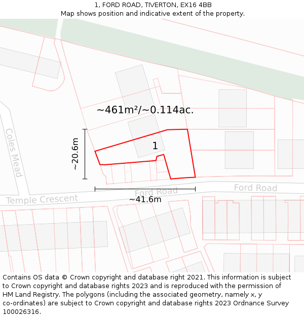 1, FORD ROAD, TIVERTON, EX16 4BB: Plot and title map