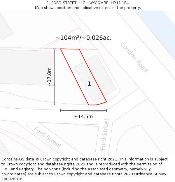 1, FORD STREET, HIGH WYCOMBE, HP11 1RU: Plot and title map