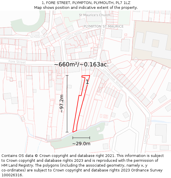 1, FORE STREET, PLYMPTON, PLYMOUTH, PL7 1LZ: Plot and title map