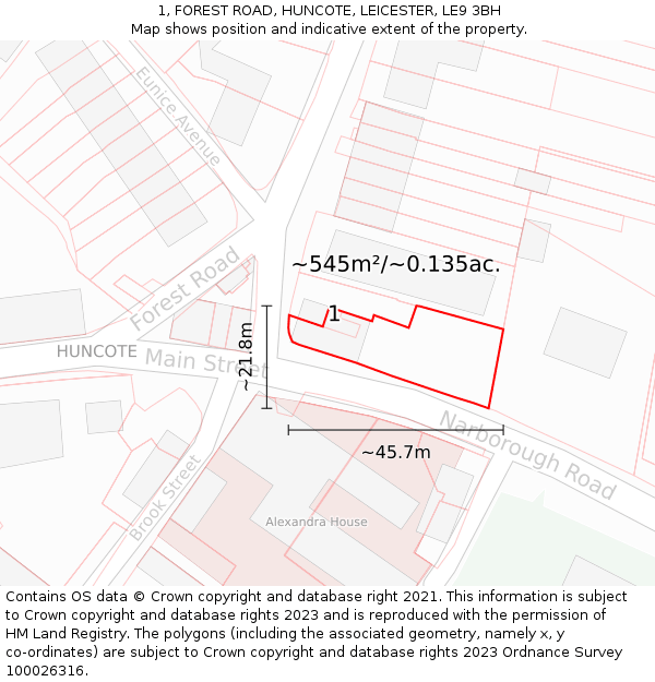 1, FOREST ROAD, HUNCOTE, LEICESTER, LE9 3BH: Plot and title map