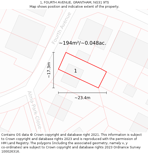 1, FOURTH AVENUE, GRANTHAM, NG31 9TS: Plot and title map