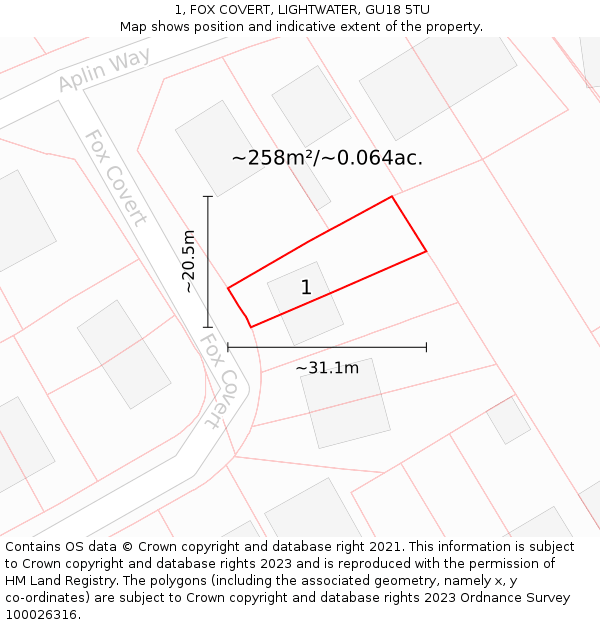 1, FOX COVERT, LIGHTWATER, GU18 5TU: Plot and title map