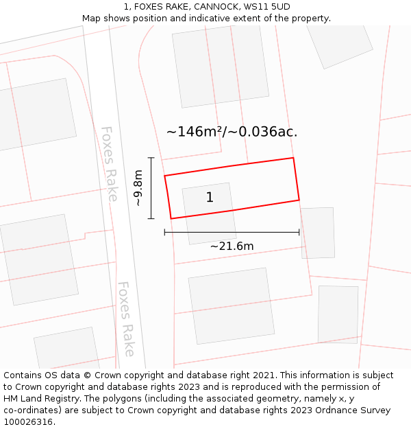 1, FOXES RAKE, CANNOCK, WS11 5UD: Plot and title map