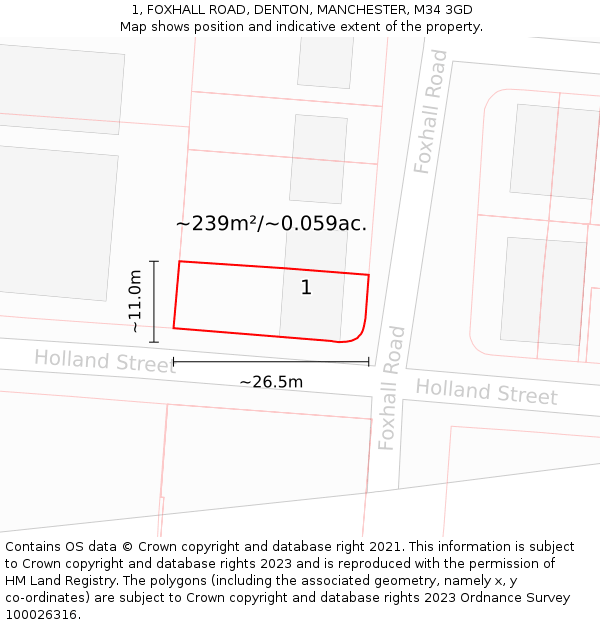 1, FOXHALL ROAD, DENTON, MANCHESTER, M34 3GD: Plot and title map