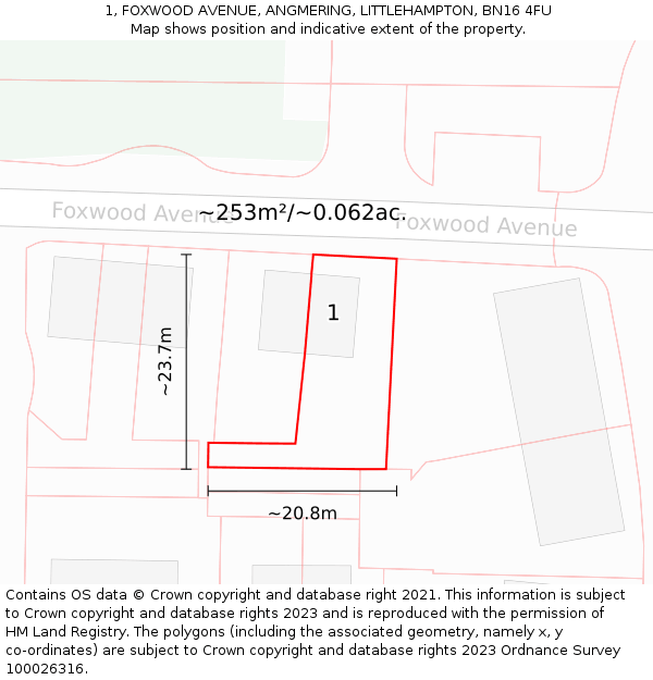 1, FOXWOOD AVENUE, ANGMERING, LITTLEHAMPTON, BN16 4FU: Plot and title map