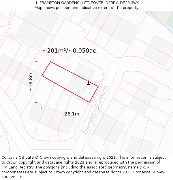 1, FRAMPTON GARDENS, LITTLEOVER, DERBY, DE23 3WX: Plot and title map