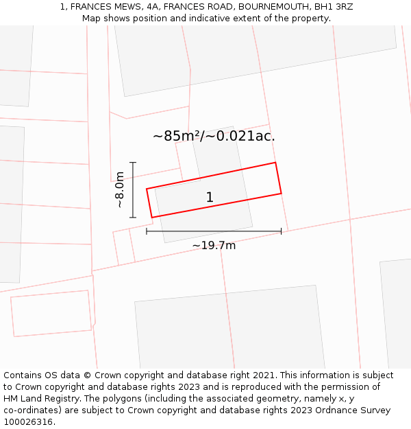 1, FRANCES MEWS, 4A, FRANCES ROAD, BOURNEMOUTH, BH1 3RZ: Plot and title map