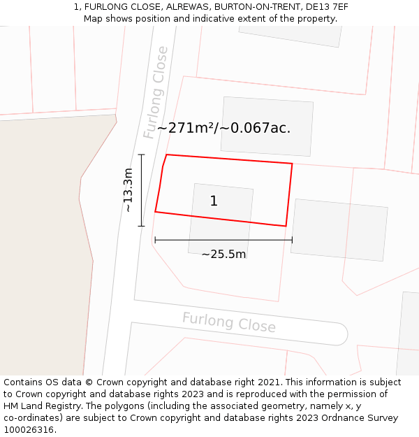 1, FURLONG CLOSE, ALREWAS, BURTON-ON-TRENT, DE13 7EF: Plot and title map