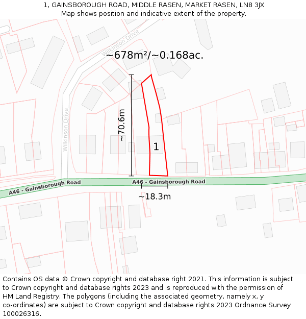 1, GAINSBOROUGH ROAD, MIDDLE RASEN, MARKET RASEN, LN8 3JX: Plot and title map