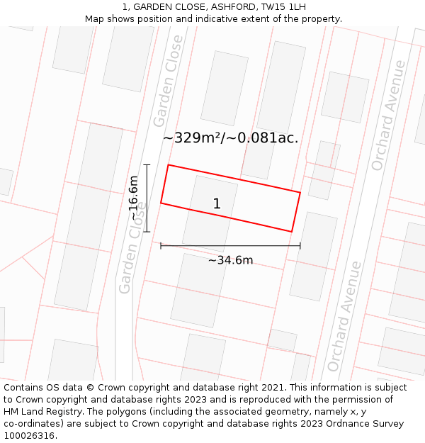 1, GARDEN CLOSE, ASHFORD, TW15 1LH: Plot and title map