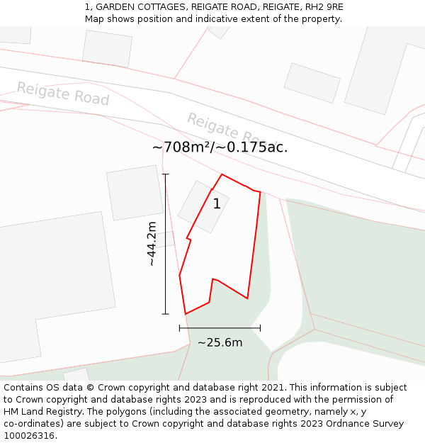 1, GARDEN COTTAGES, REIGATE ROAD, REIGATE, RH2 9RE: Plot and title map