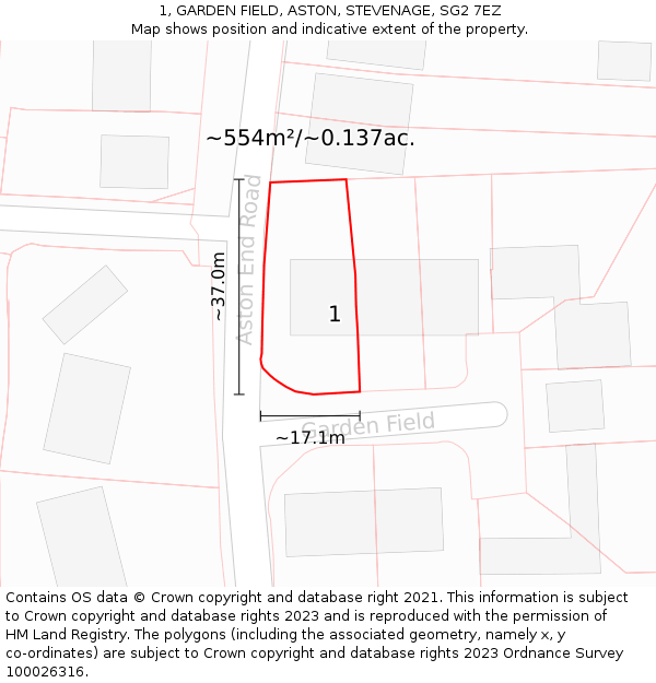 1, GARDEN FIELD, ASTON, STEVENAGE, SG2 7EZ: Plot and title map