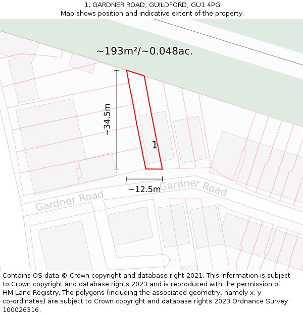 1, GARDNER ROAD, GUILDFORD, GU1 4PG: Plot and title map