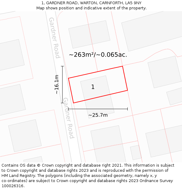 1, GARDNER ROAD, WARTON, CARNFORTH, LA5 9NY: Plot and title map