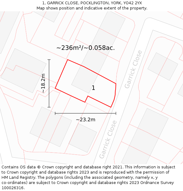 1, GARRICK CLOSE, POCKLINGTON, YORK, YO42 2YX: Plot and title map