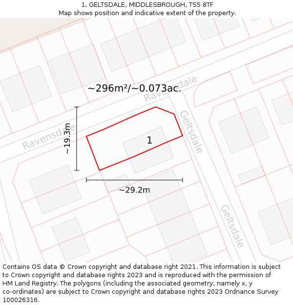 1, GELTSDALE, MIDDLESBROUGH, TS5 8TF: Plot and title map