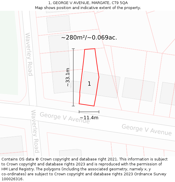 1, GEORGE V AVENUE, MARGATE, CT9 5QA: Plot and title map