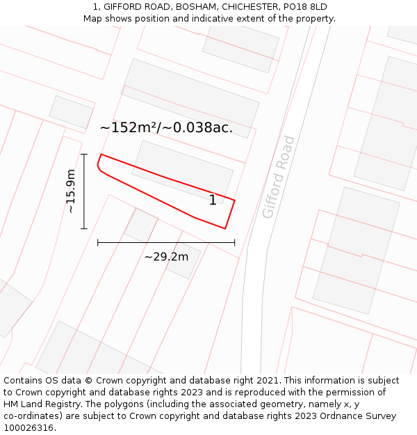 1, GIFFORD ROAD, BOSHAM, CHICHESTER, PO18 8LD: Plot and title map