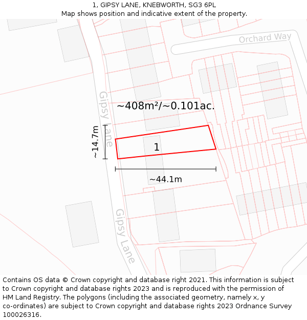 1, GIPSY LANE, KNEBWORTH, SG3 6PL: Plot and title map