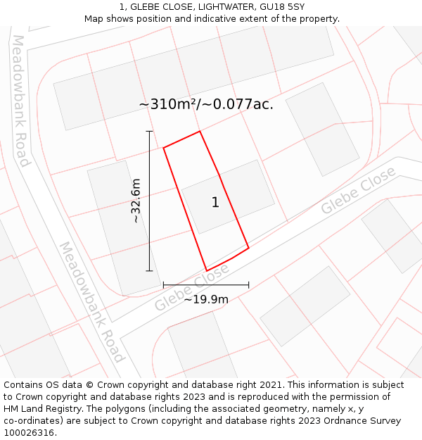 1, GLEBE CLOSE, LIGHTWATER, GU18 5SY: Plot and title map