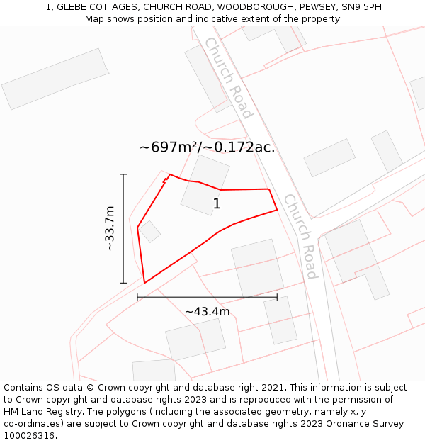 1, GLEBE COTTAGES, CHURCH ROAD, WOODBOROUGH, PEWSEY, SN9 5PH: Plot and title map