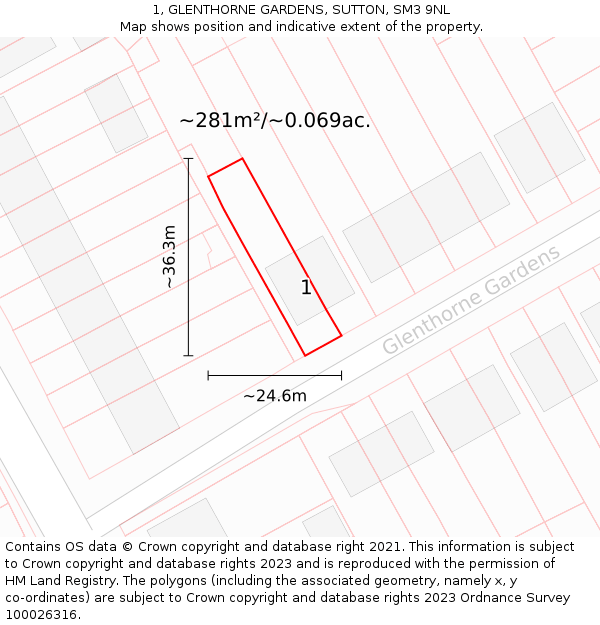 1, GLENTHORNE GARDENS, SUTTON, SM3 9NL: Plot and title map