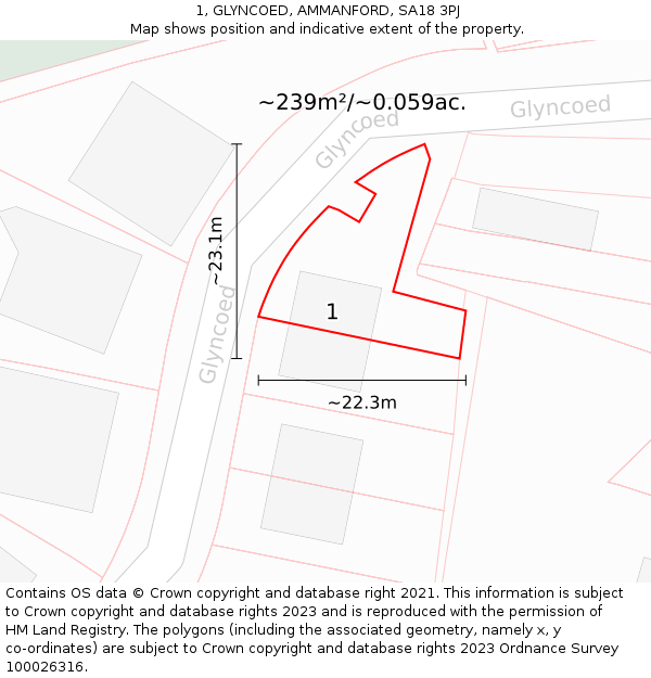 1, GLYNCOED, AMMANFORD, SA18 3PJ: Plot and title map