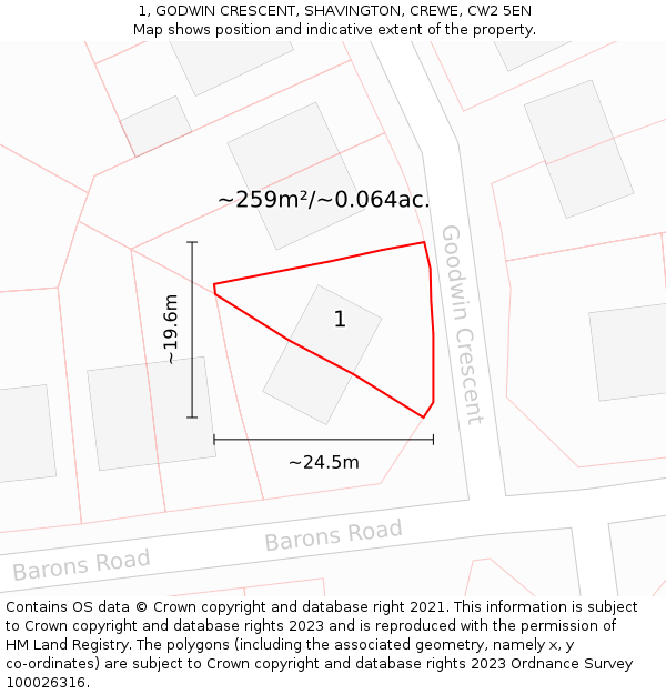 1, GODWIN CRESCENT, SHAVINGTON, CREWE, CW2 5EN: Plot and title map