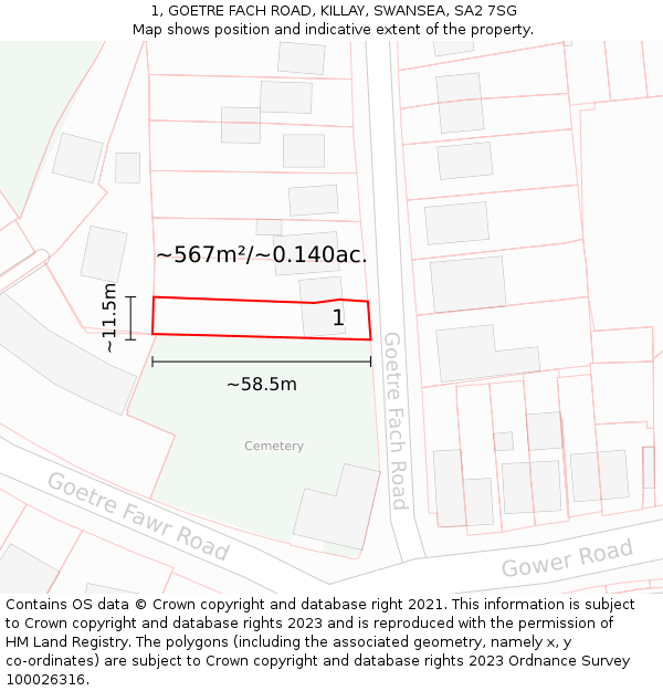 1, GOETRE FACH ROAD, KILLAY, SWANSEA, SA2 7SG: Plot and title map