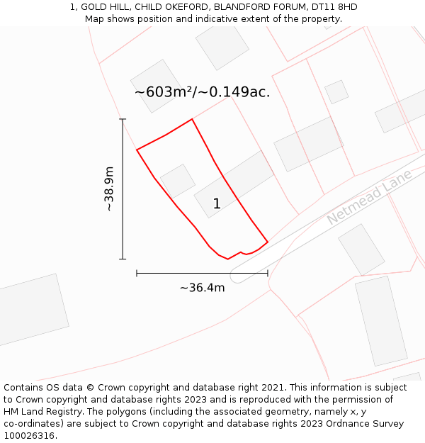 1, GOLD HILL, CHILD OKEFORD, BLANDFORD FORUM, DT11 8HD: Plot and title map