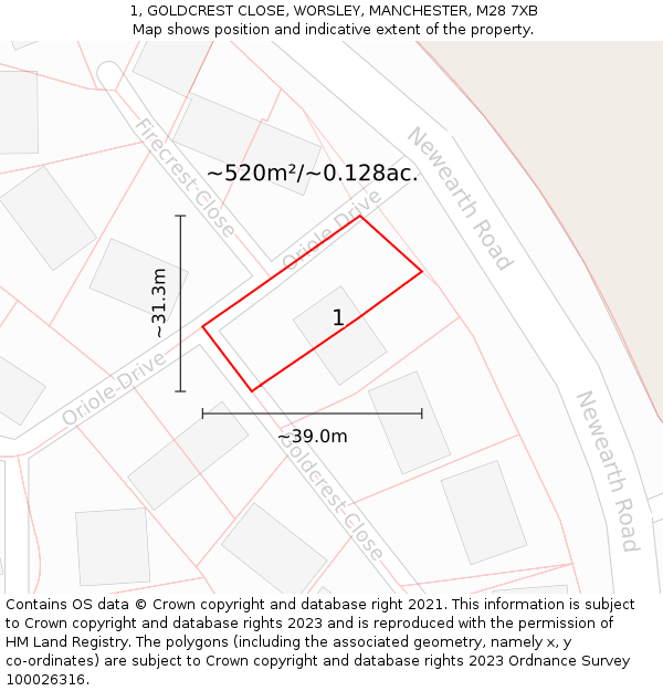 1, GOLDCREST CLOSE, WORSLEY, MANCHESTER, M28 7XB: Plot and title map