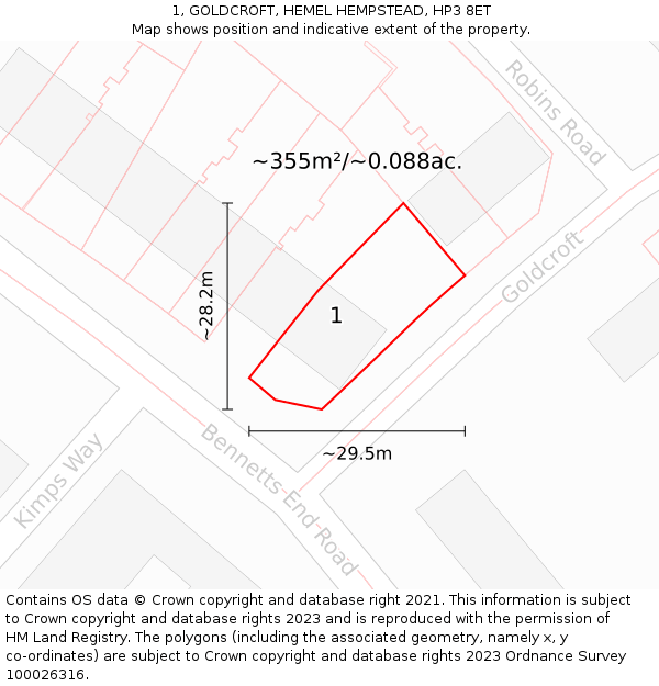 1, GOLDCROFT, HEMEL HEMPSTEAD, HP3 8ET: Plot and title map