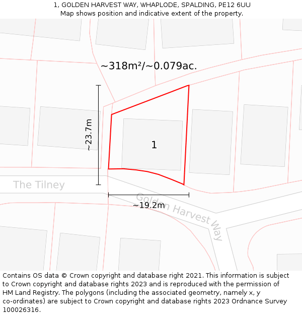 1, GOLDEN HARVEST WAY, WHAPLODE, SPALDING, PE12 6UU: Plot and title map