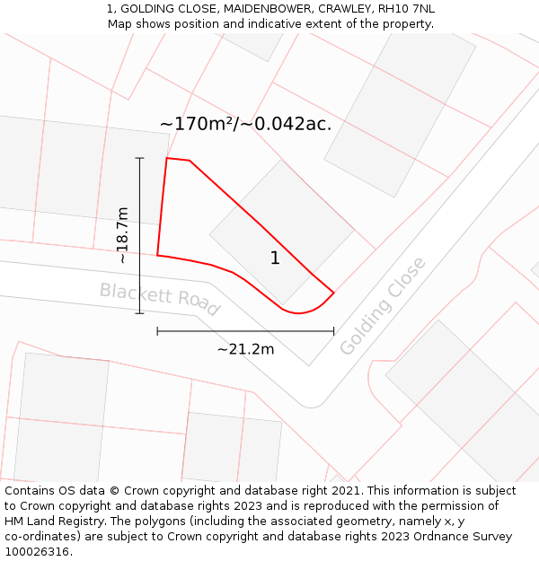 1, GOLDING CLOSE, MAIDENBOWER, CRAWLEY, RH10 7NL: Plot and title map