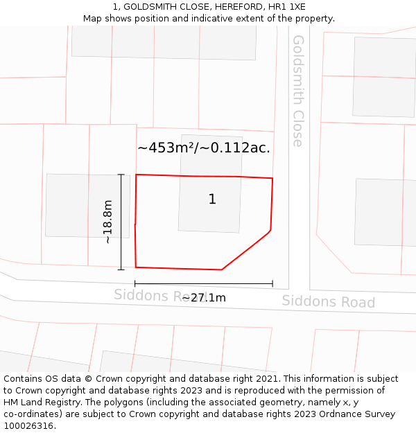 1, GOLDSMITH CLOSE, HEREFORD, HR1 1XE: Plot and title map