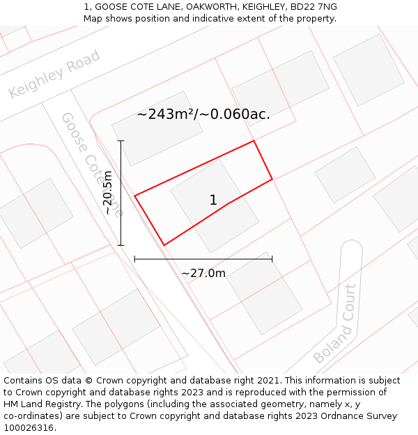 1, GOOSE COTE LANE, OAKWORTH, KEIGHLEY, BD22 7NG: Plot and title map