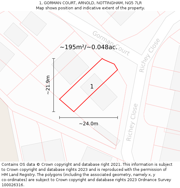 1, GORMAN COURT, ARNOLD, NOTTINGHAM, NG5 7LR: Plot and title map