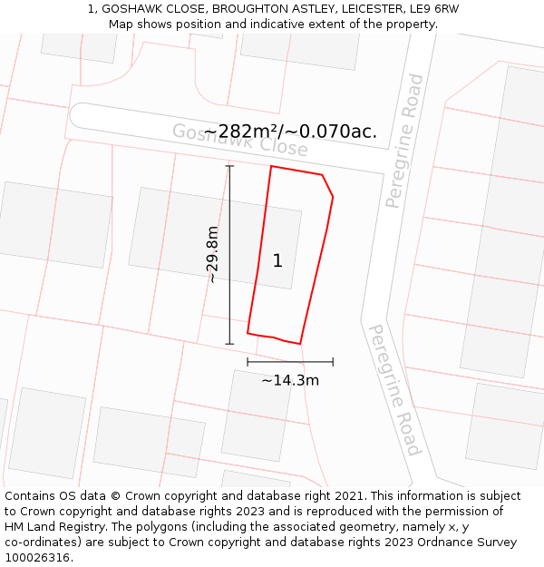 1, GOSHAWK CLOSE, BROUGHTON ASTLEY, LEICESTER, LE9 6RW: Plot and title map