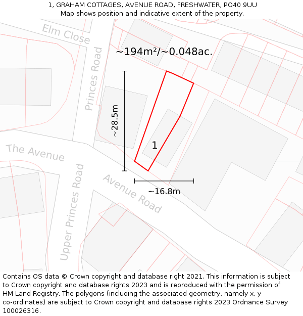 1, GRAHAM COTTAGES, AVENUE ROAD, FRESHWATER, PO40 9UU: Plot and title map