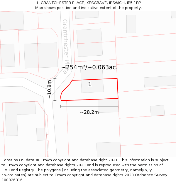 1, GRANTCHESTER PLACE, KESGRAVE, IPSWICH, IP5 1BP: Plot and title map