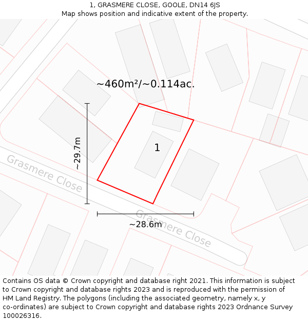 1, GRASMERE CLOSE, GOOLE, DN14 6JS: Plot and title map