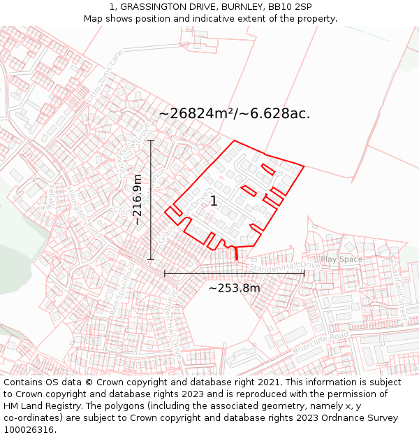 1, GRASSINGTON DRIVE, BURNLEY, BB10 2SP: Plot and title map