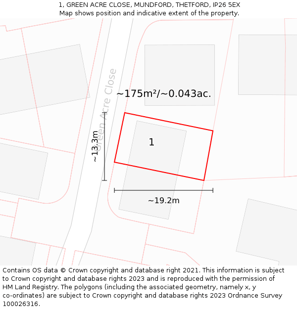 1, GREEN ACRE CLOSE, MUNDFORD, THETFORD, IP26 5EX: Plot and title map