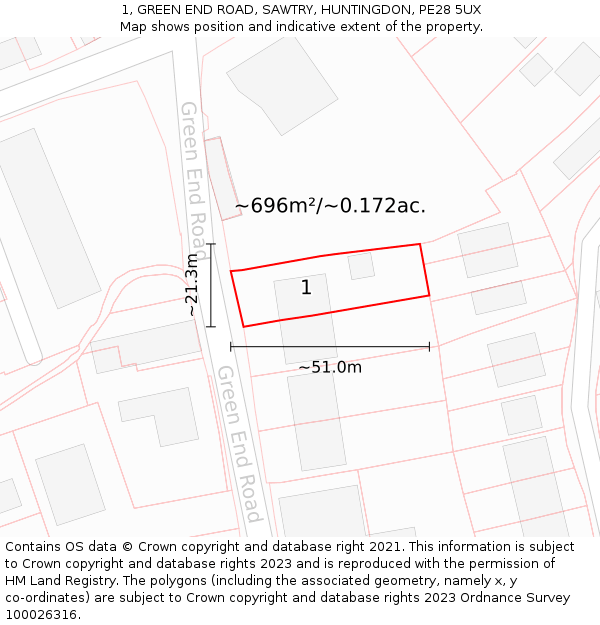 1, GREEN END ROAD, SAWTRY, HUNTINGDON, PE28 5UX: Plot and title map